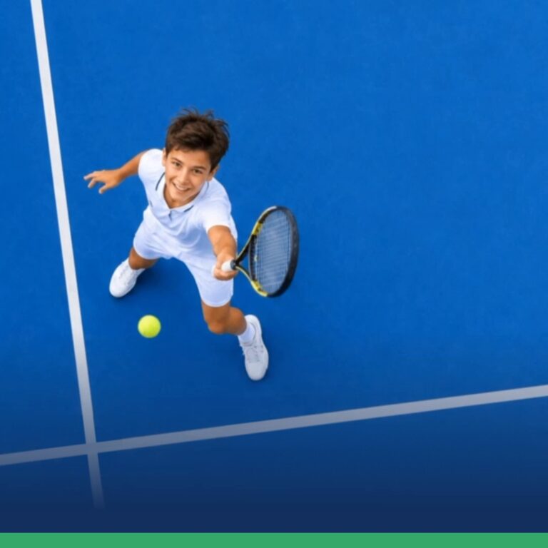 ילד עם מחבט על מגרש כחול מבצע גילאי 4-18